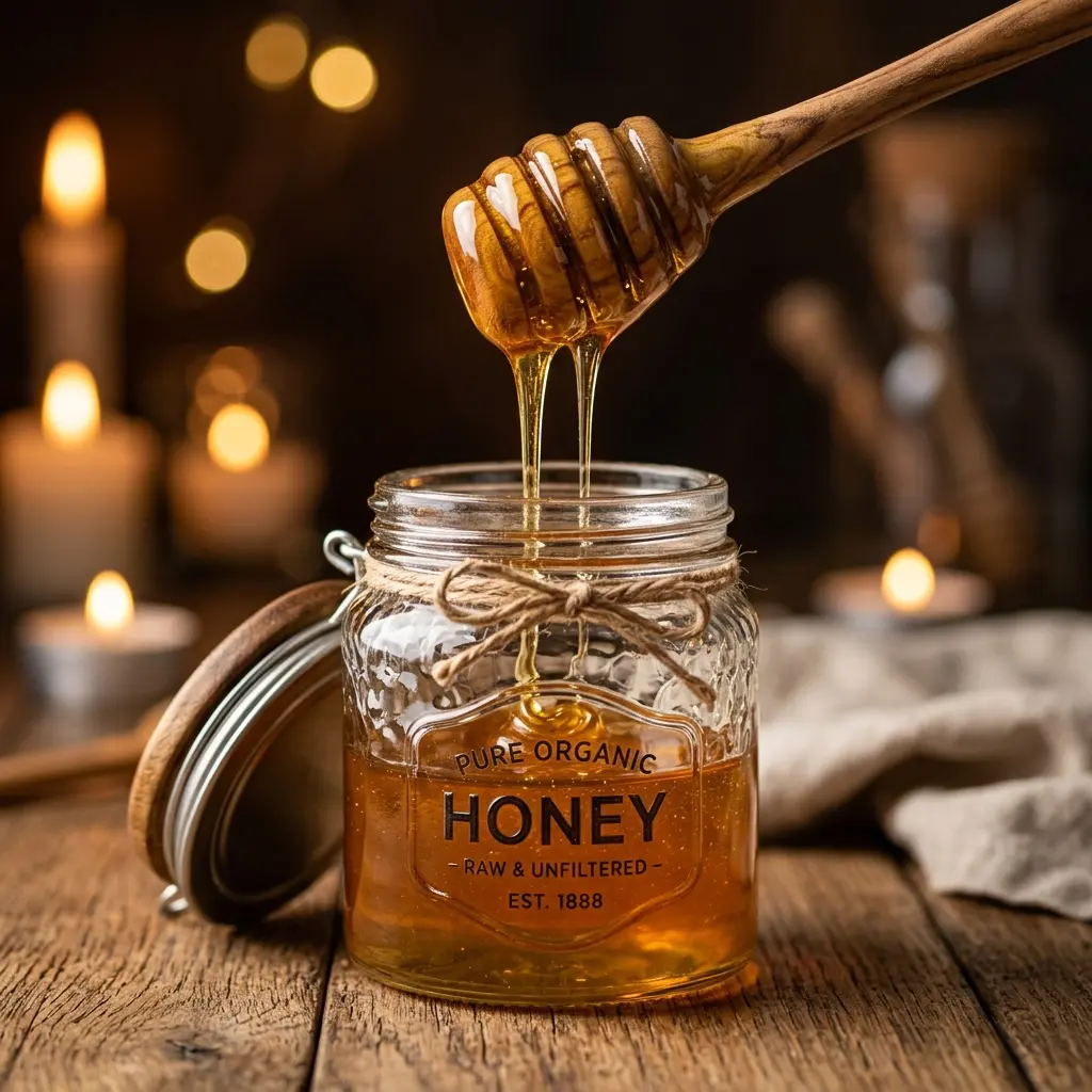 Premium raw honey dripping from a wooden dipper