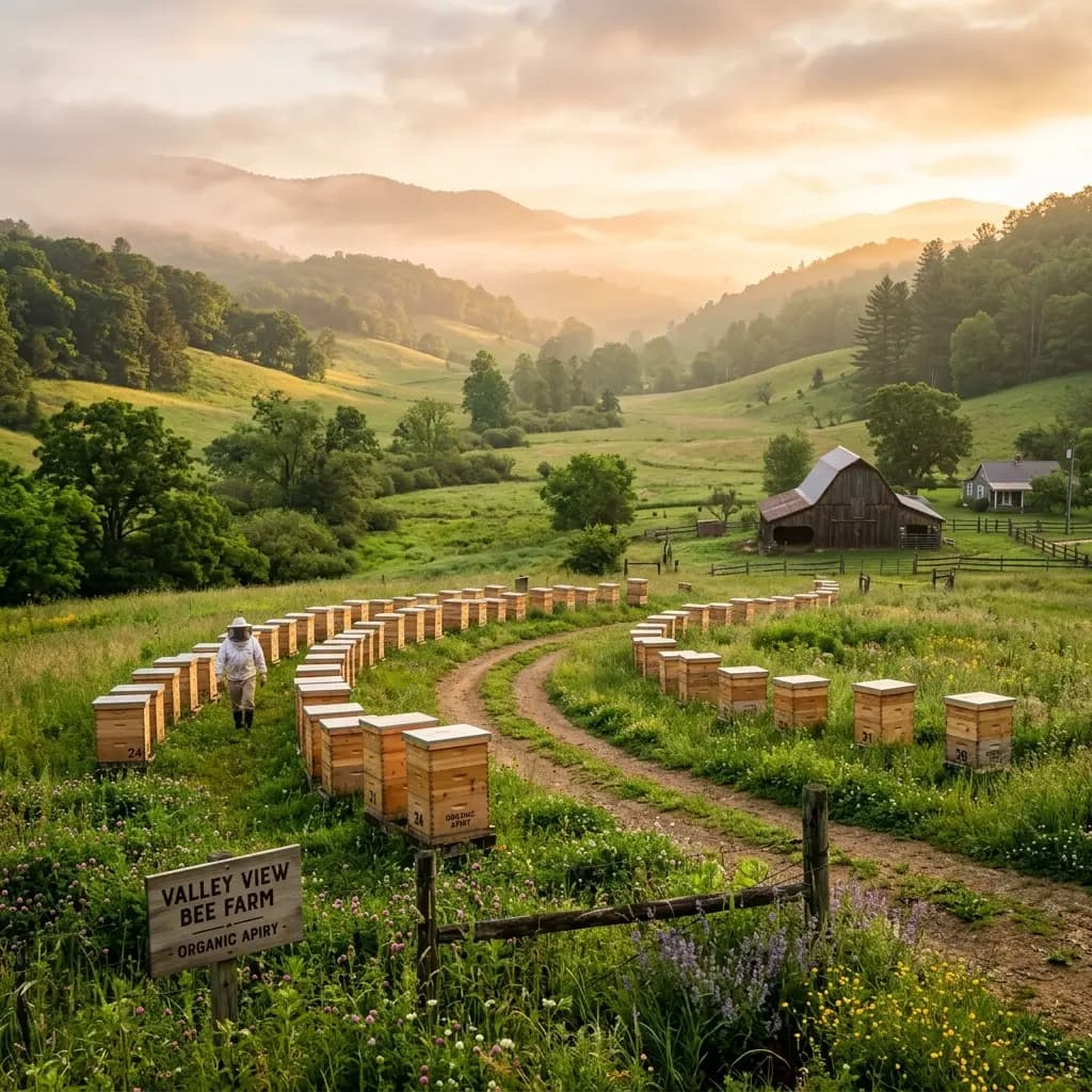 Golden sunrise over a misty bee farm