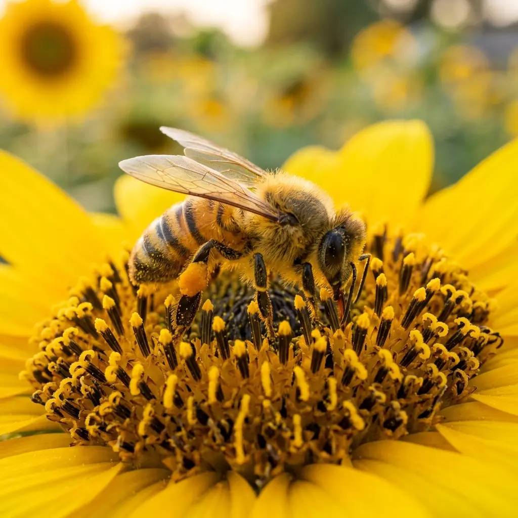 Honey bee collecting nectar on a sunflower